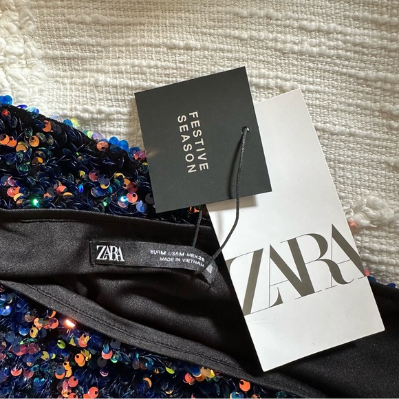 ZARA Sequined asymmetrical one shoulder crop top long sleeves size Medium NWT - Picture 10 of 15